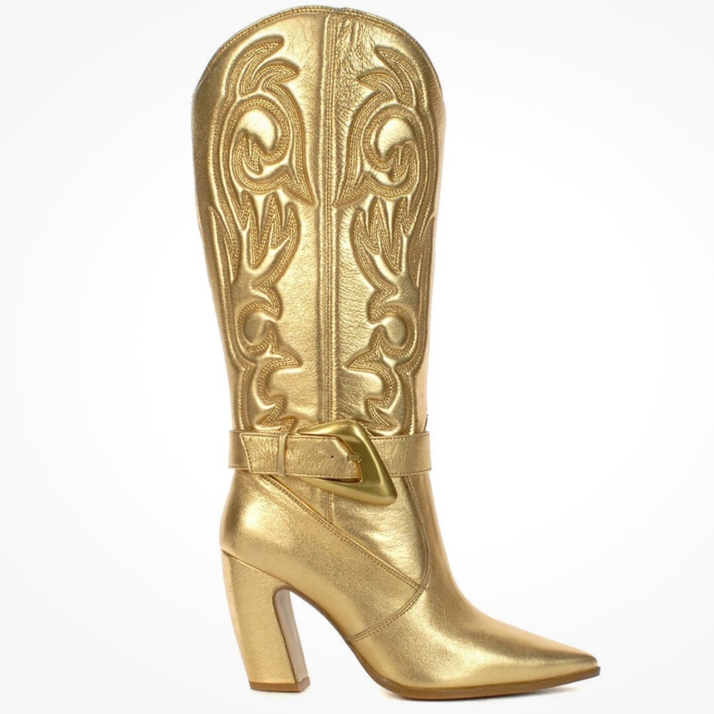 VINCE CAMUTO Gold Leather pointed toe Heel Cowboy Festival Concert Boots NEW 8
